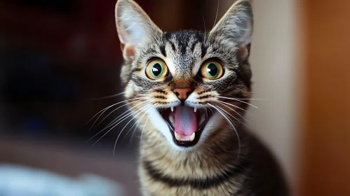 Surprised Tabby Cat with Open Mouth and Bright Eyes