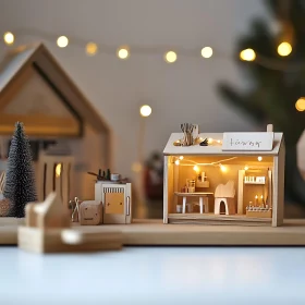 Miniature Wooden Dollhouse Decorated with String Lights