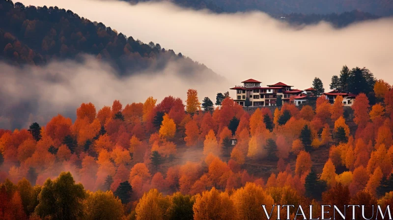 Enchanting Orange Trees and House on Hillside with Colorful Fog | Cluj School Inspired AI Image