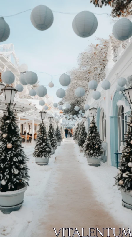 Enchanting Winter Street Scene with Snow and Paper Lanterns AI Image