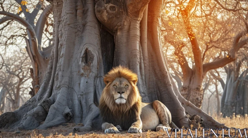 Powerful Lion Resting under Majestic Tree AI Image