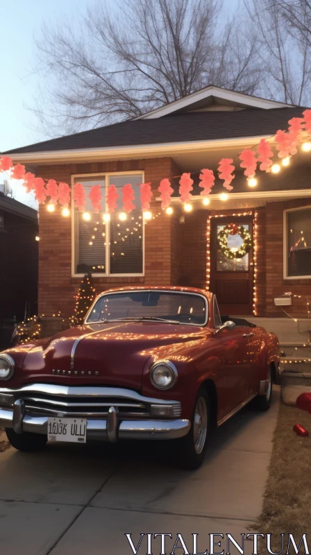 Red Vintage Car Parked by House | Festive Atmosphere AI Image