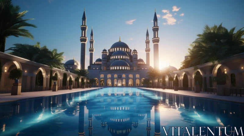 Serene Blue Mosque: A Captivating 3D Rendering of Islamic Architecture AI Image