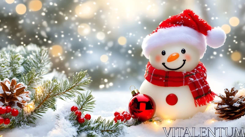 Snowman in Santa Hat with Festive Christmas Decor AI Image