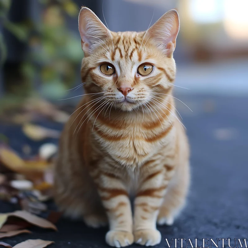 Amber-Eyed Ginger Cat amid Fall Foliage AI Image