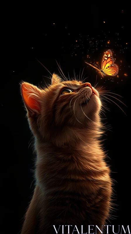 Curious Cat and Glowing Butterfly Interaction AI Image