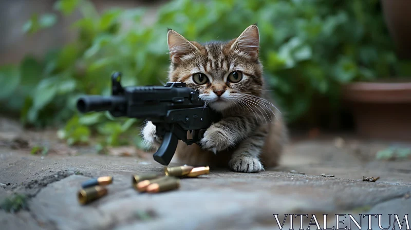 Adorable Tabby Cat Outdoors with Toy Weapon AI Image