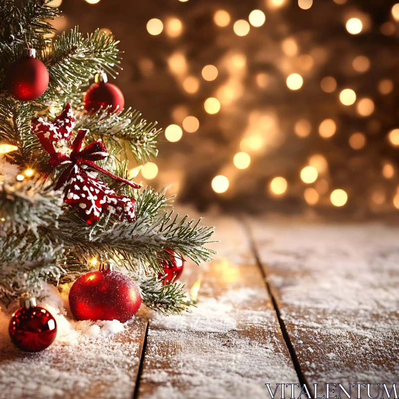 Festive Christmas Tree with Red Ornaments and Snowy Branches AI Image