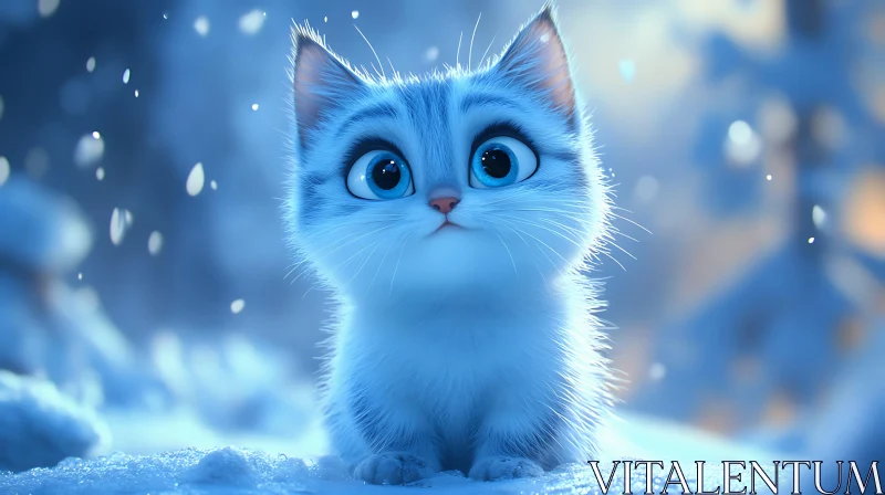 Charming Blue-Eyed Kitten in Snow AI Image