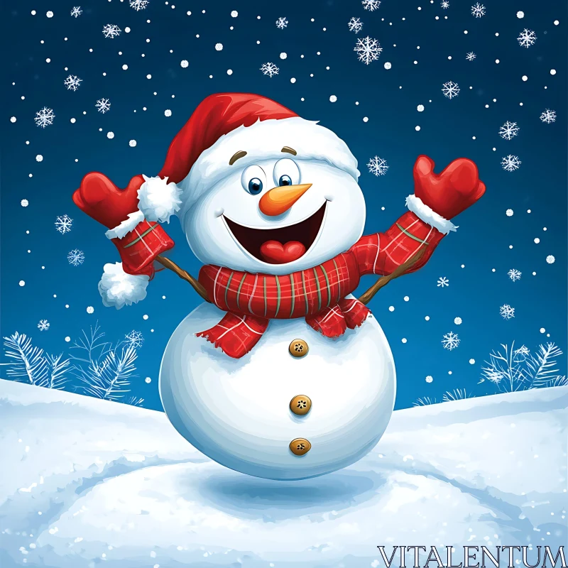 Joyful Snowman with Santa Hat and Scarf in Snowy Scenery AI Image