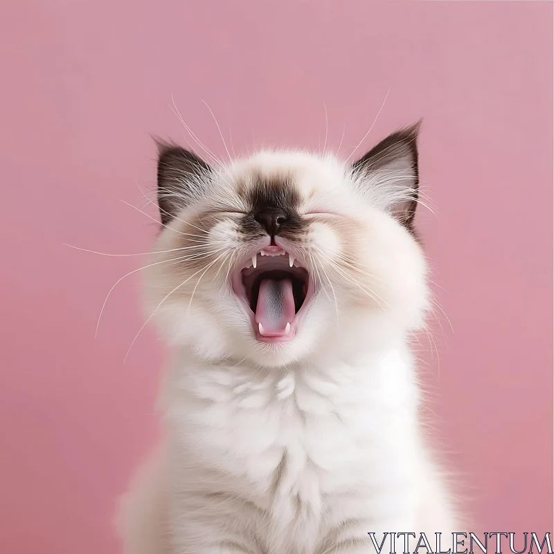 Cute Kitten Yawning with Pink Backdrop AI Image