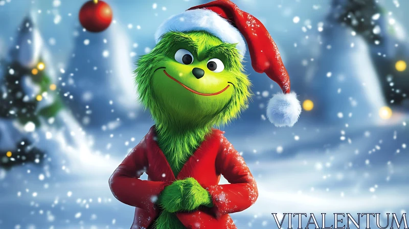 Festive Green Character in Winter Wonderland AI Image