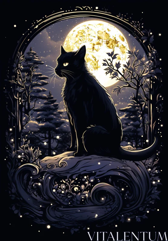 Moonlit Cat in Enchanted Night Forest AI Image