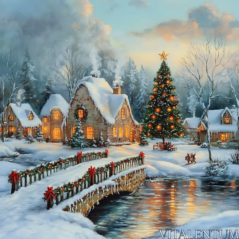 Idyllic Snowy Christmas Village Scene AI Image