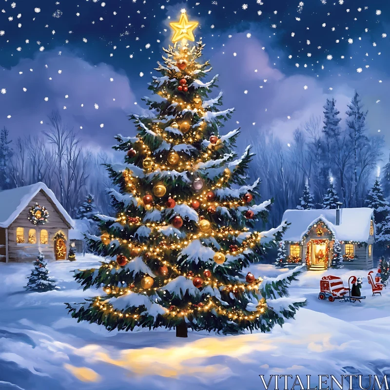 Magical Christmas Tree in Festive Winter Setting AI Image