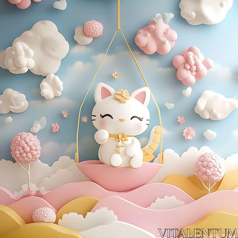 Cute Kitty on Swing among Fluffy Clouds and Pastel Landscape AI Image