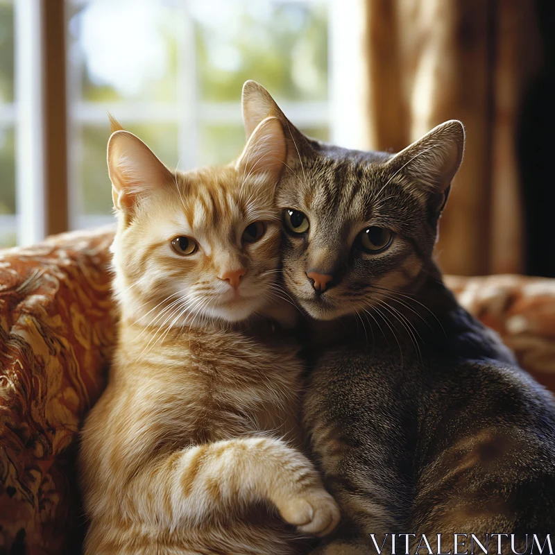 Cuddling Feline Companions in a Warm Setting AI Image