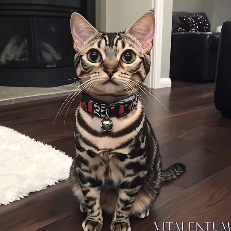 Striking Bengal Cat Wearing a Unique Collar at Home AI Image