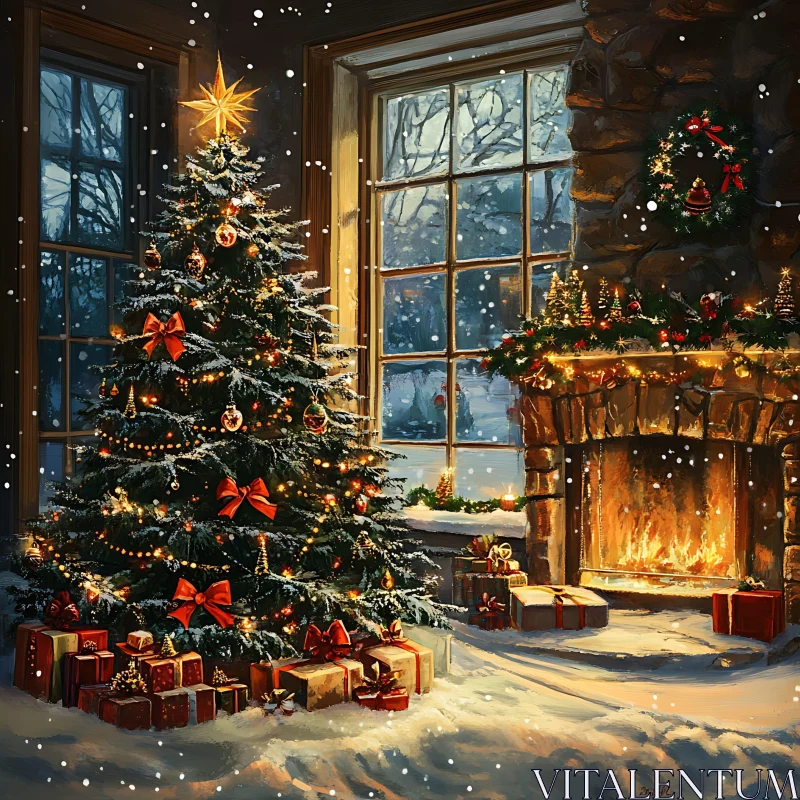 AI ART Warm Holiday Fireplace and Decorated Tree