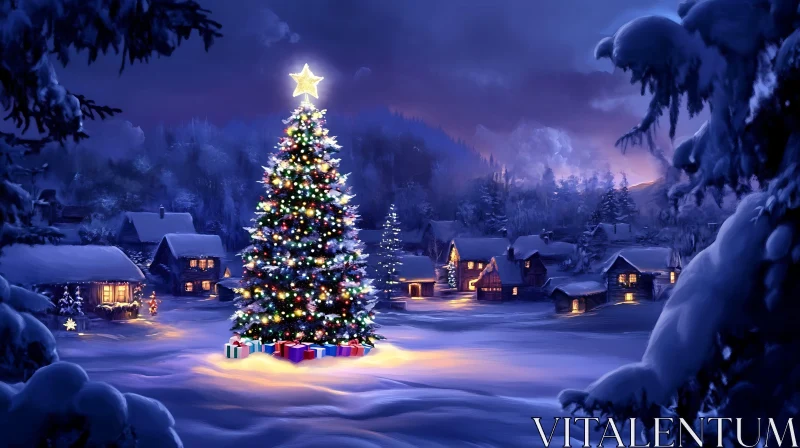 Festive Village with Illuminated Christmas Tree AI Image