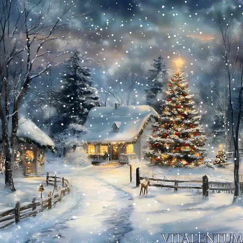 Snowy Christmas Scene with Decorated Cabin and Tree AI Image