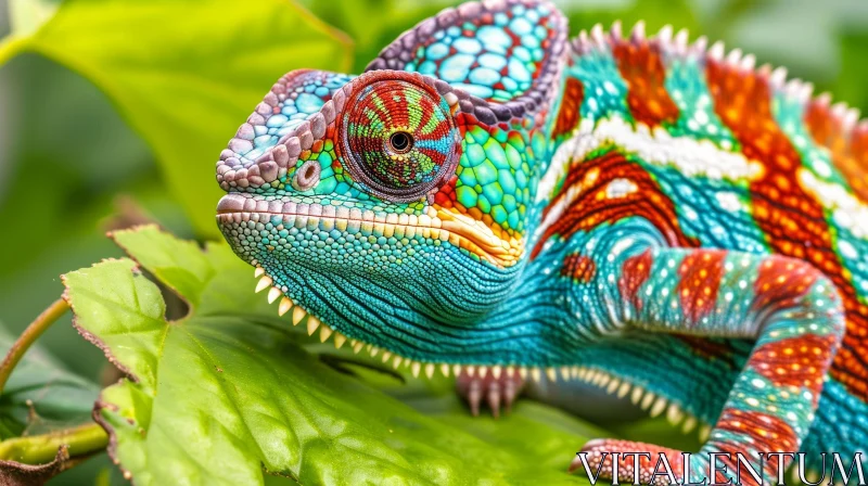Colorful Chameleon Close-Up on Green Leaf | Nature Photography AI Image