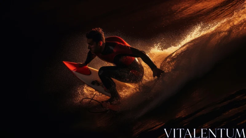 Dark Night Surfing: A Captivating Image of a Surfer on a Red-lit Waters AI Image