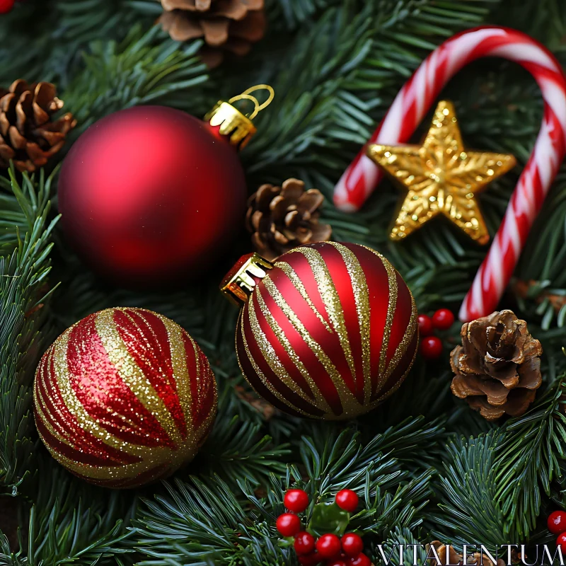 Holiday Decorations with Baubles, Gold Star, and Pinecones AI Image