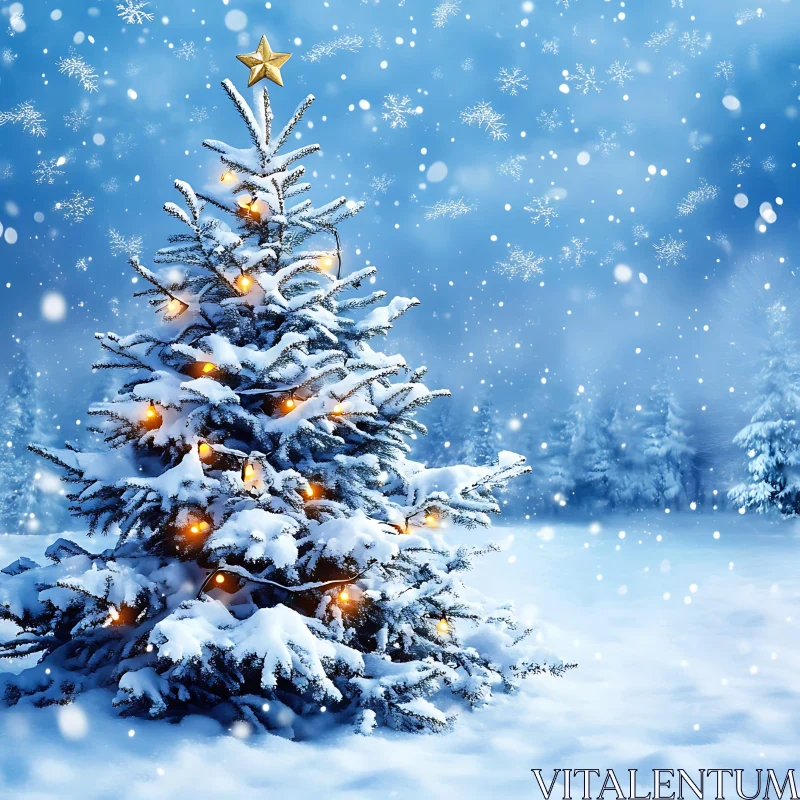 Snow-Covered Christmas Tree with Golden Lights AI Image