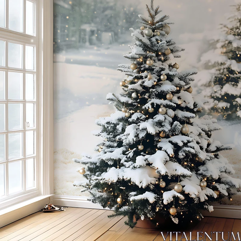 Indoor Snow-Covered Christmas Tree AI Image