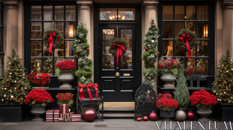 Festive Christmas Window Display with Crimson and Black Decor AI Image