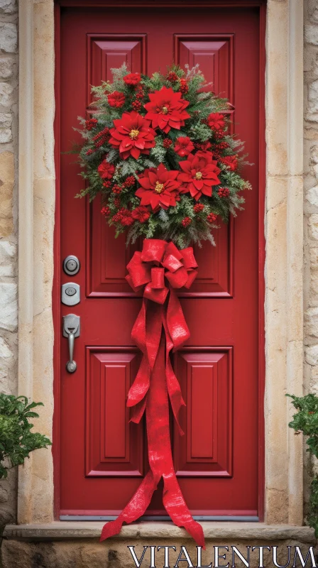Festive Red Door with Poinsettia Wreath - Christmas Decorations AI Image