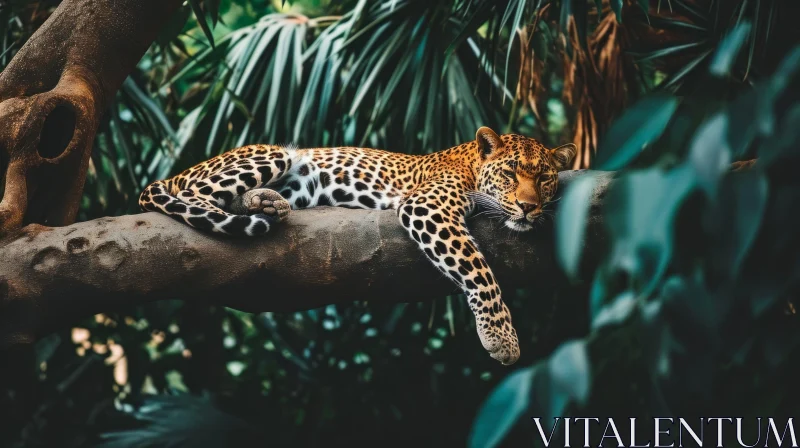 Graceful Leopard Resting on Tree Branch in Lush Tropical Forest AI Image