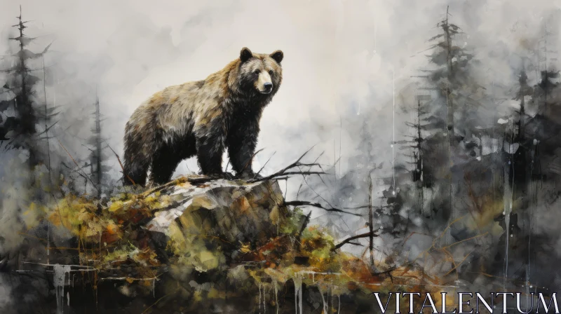 Ink Wash Painting of Bear in Forest - Photorealistic Wildlife Art AI Image