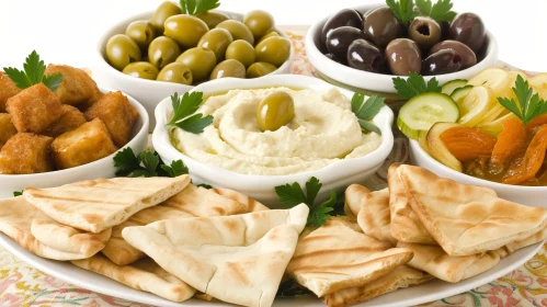 Mediterranean Appetizers Platter with Olives, Hummus, and Pickled Vegetables