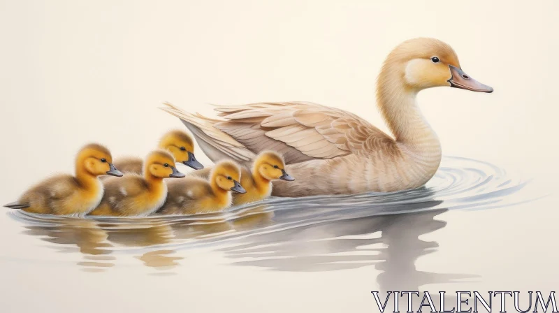 AI ART Mother Duck and Ducklings Swimming in Pond