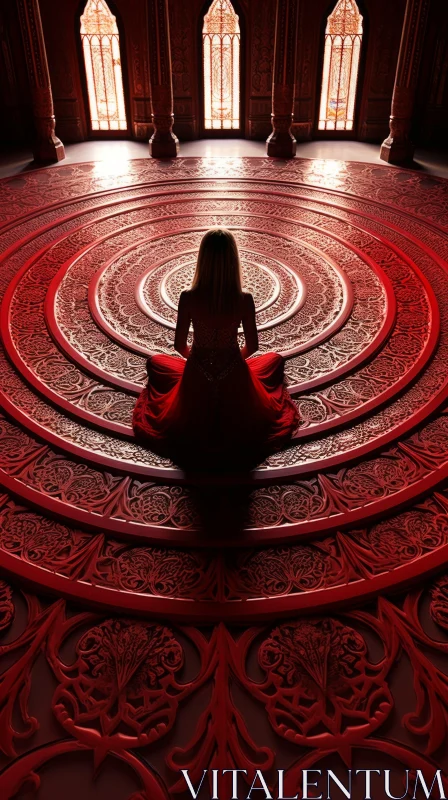 Mystic Harmony: Woman in Red in Spiritual Sanctuary AI Image