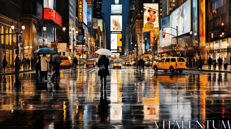 Rainy Night in New York: A Realistic Portrait of City Life AI Image