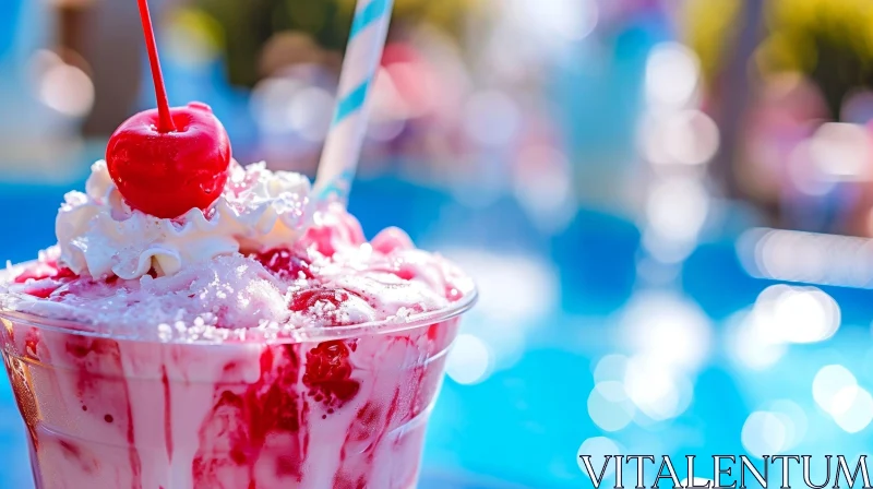 AI ART Refreshing Cherry Milkshake with Whipped Cream on the Edge of the Pool