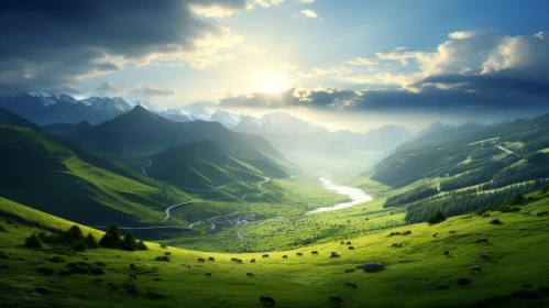 Serene Mountain Landscape in Pastoral Setting