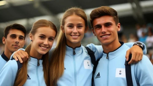 Young Athletes in Blue Adidas Tracksuits Smiling Together