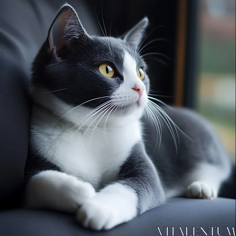 Contemplative Cat with Yellow Eyes AI Image