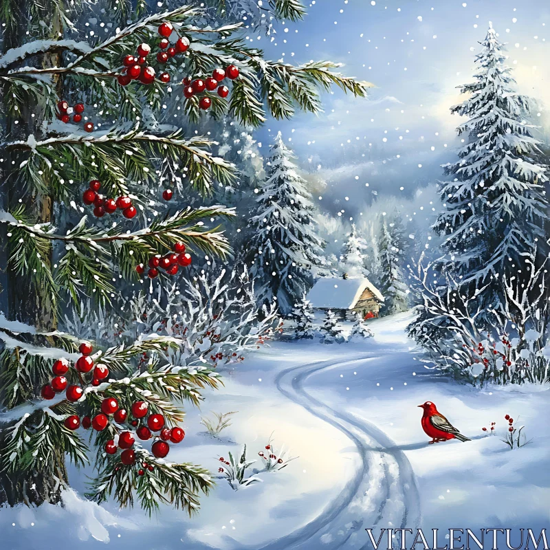 Snowy Cabin and Red Bird in Winter Forest AI Image