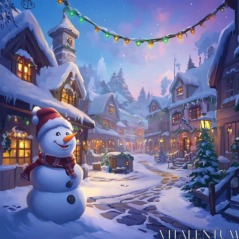 AI ART Festive Winter Village with Snowman Under Twinkling Lights