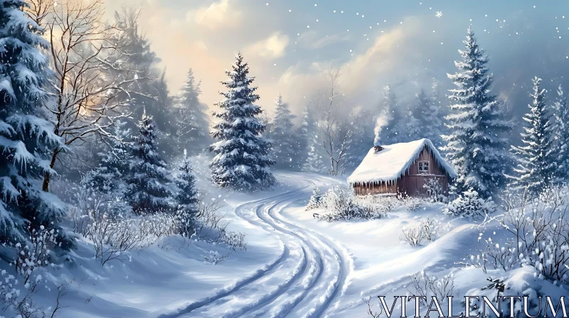 AI ART Snowy Cabin in a Tranquil Winter Forest