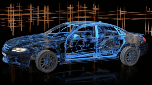 3D Car Model in Wireframe View on Reflective Surface