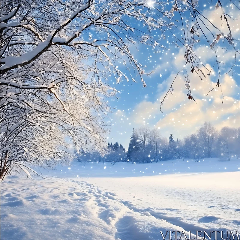 Snowy Winter Landscape with Trees and Falling Snowflakes AI Image