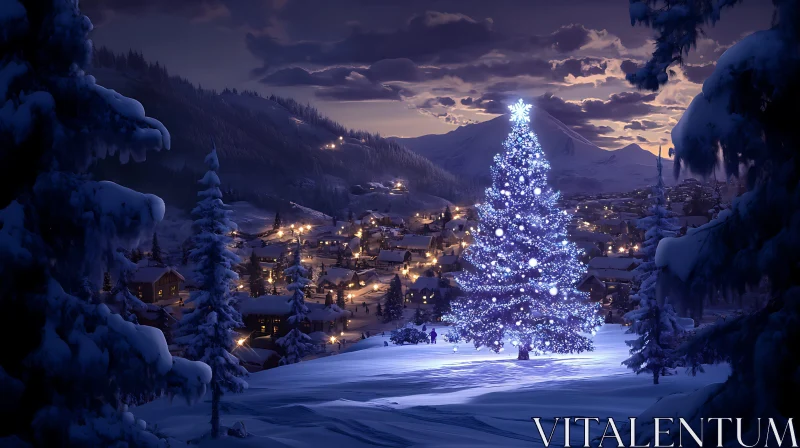 Glowing Christmas Tree in Snowy Village Landscape AI Image