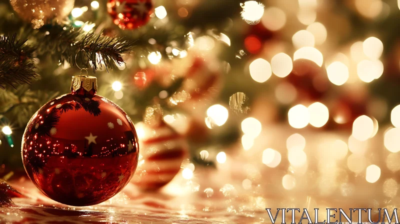 Festive Red Bauble and Bokeh Light Christmas Tree AI Image