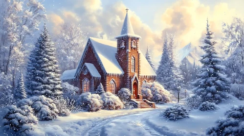 Snow-Covered Church Amidst Winter Forest